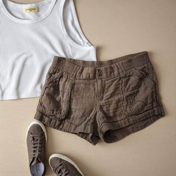 Brown Utility Cargo Shorts – Size 9 – 100% Cotton Stretch Waist Pockets Casual - Picture 2 of 8